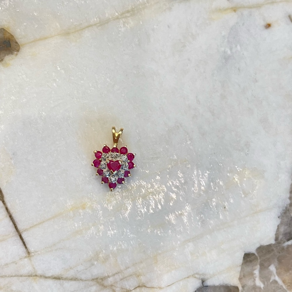 Classic Round Ruby & Diamond Heart Pendant In 14k… - image 3